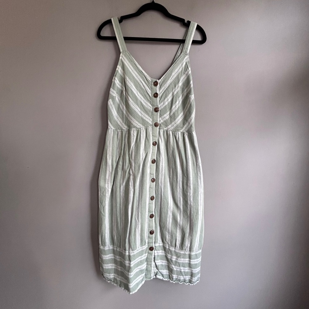 Universal Thread Sage Green Striped Linen Blend Button Front Midi Dress Womens M